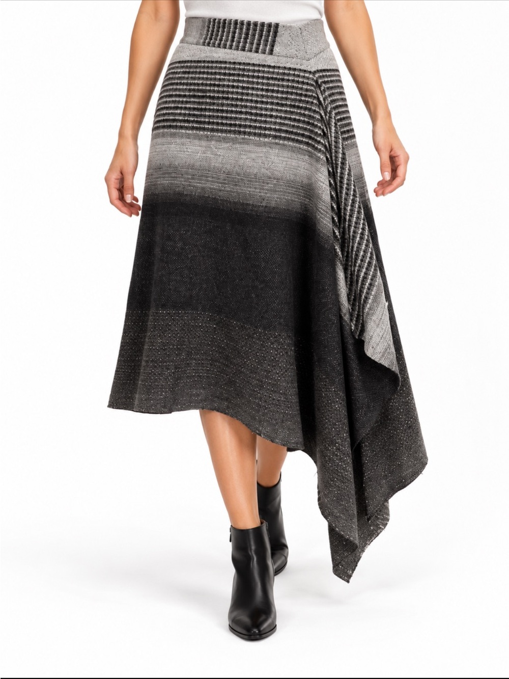 Anne Klein Virgin Wool Grey Ombré Asymmetrical Skirt Midi NWOT Raw Hem Size 4